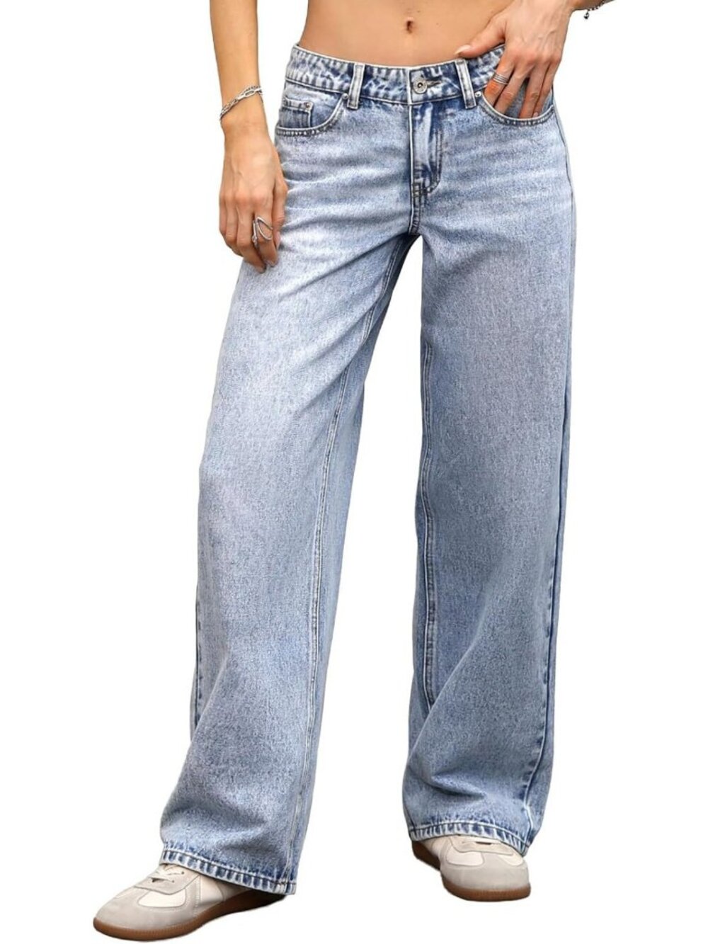 Stylish Women's Low Rise Baggy Jeans - Stretchy Straight Leg Denim Pants